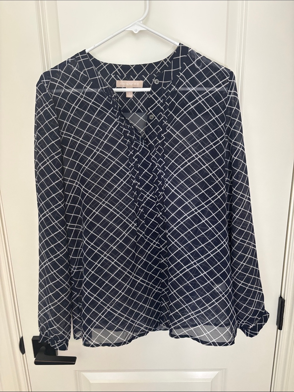 White House Black Market Navy and White Grid-Print Ruffle-Front Blouse
